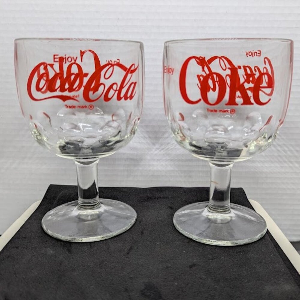 2 Vintage Enjoy Coca-Cola Coke Goblet Chalice Stemmed Thumbprint Heavy Glasses